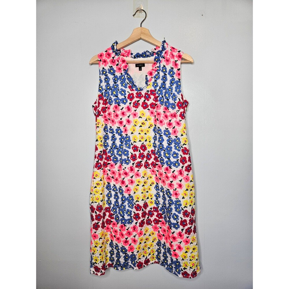 TALBOTS Vintage Floral Ruffle Neck Shift Dress 12 Multicolor Eyelet Sleeveless